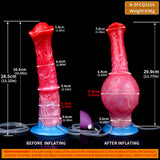 Inflatable pump-up horse toy with blue base and red/pink body, shown with size guides