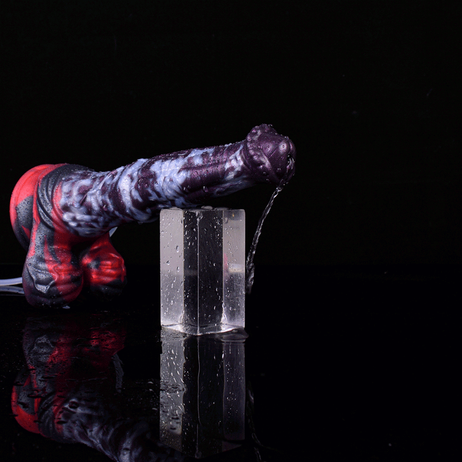 Purple and red horse-print dildo with squirting nozzle and clear tube connection