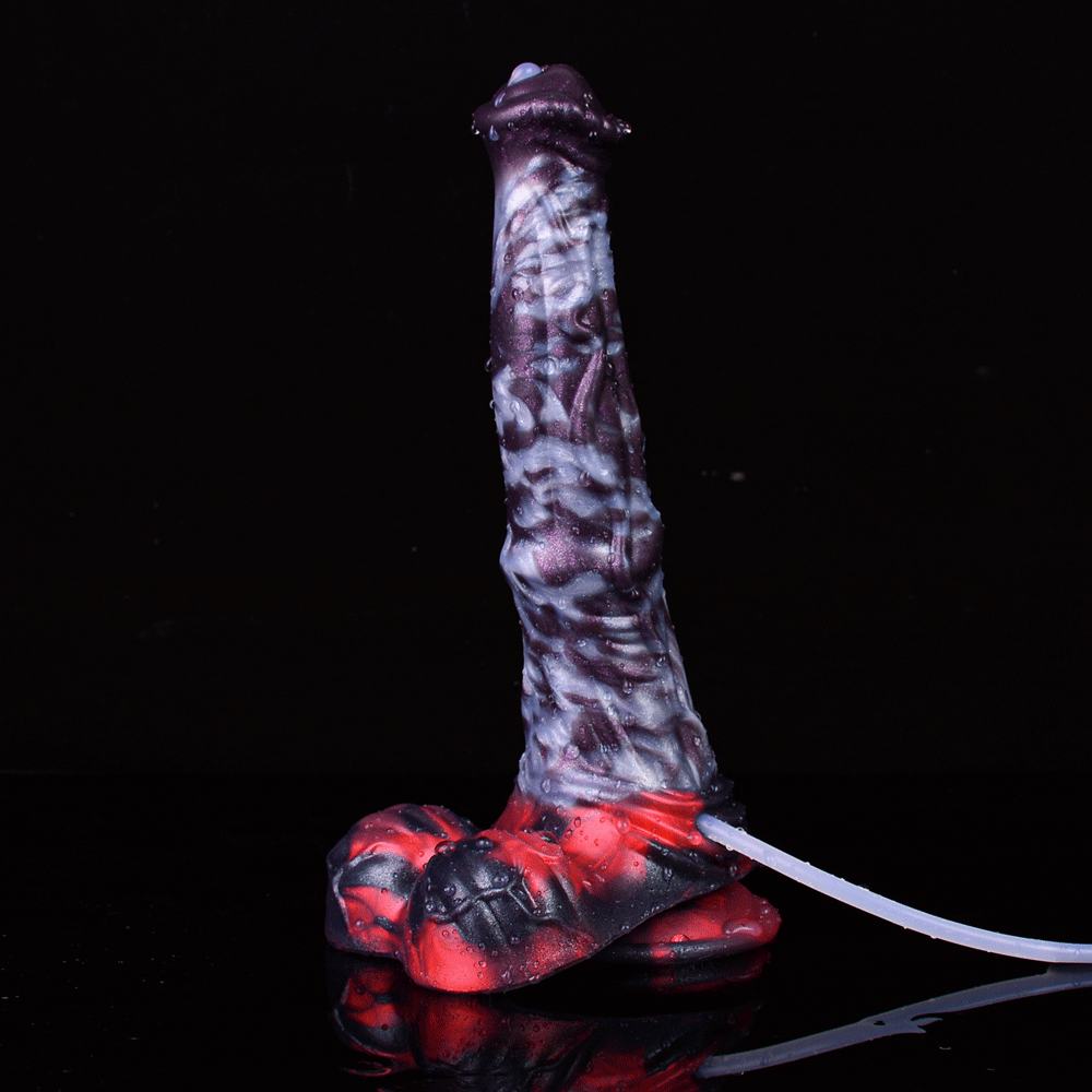 Aufrechter Spritzzubehör-Dildo, lila gemustert mit rotem Sockel, Schlauch