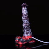 Aufrechter Spritzzubehör-Dildo, lila gemustert mit rotem Sockel, Schlauch