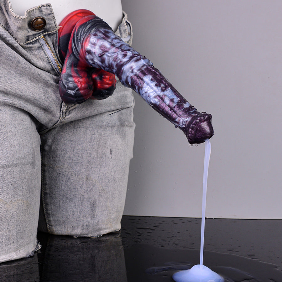 Horse-print dildo held over container with white tube dispensing liquid