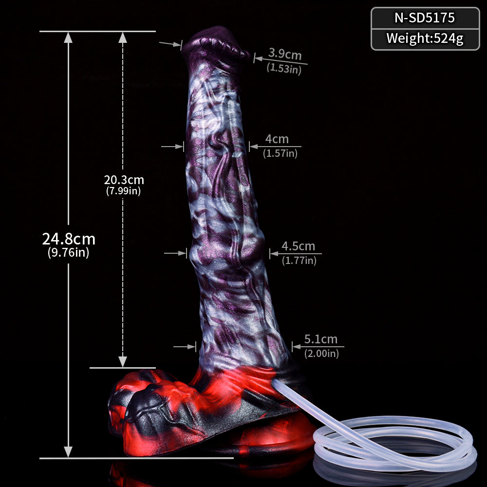 Maßskizze Spritzzubehör-Dildo: ca. 24,8 cm Länge, lila gemustert, Schlauch