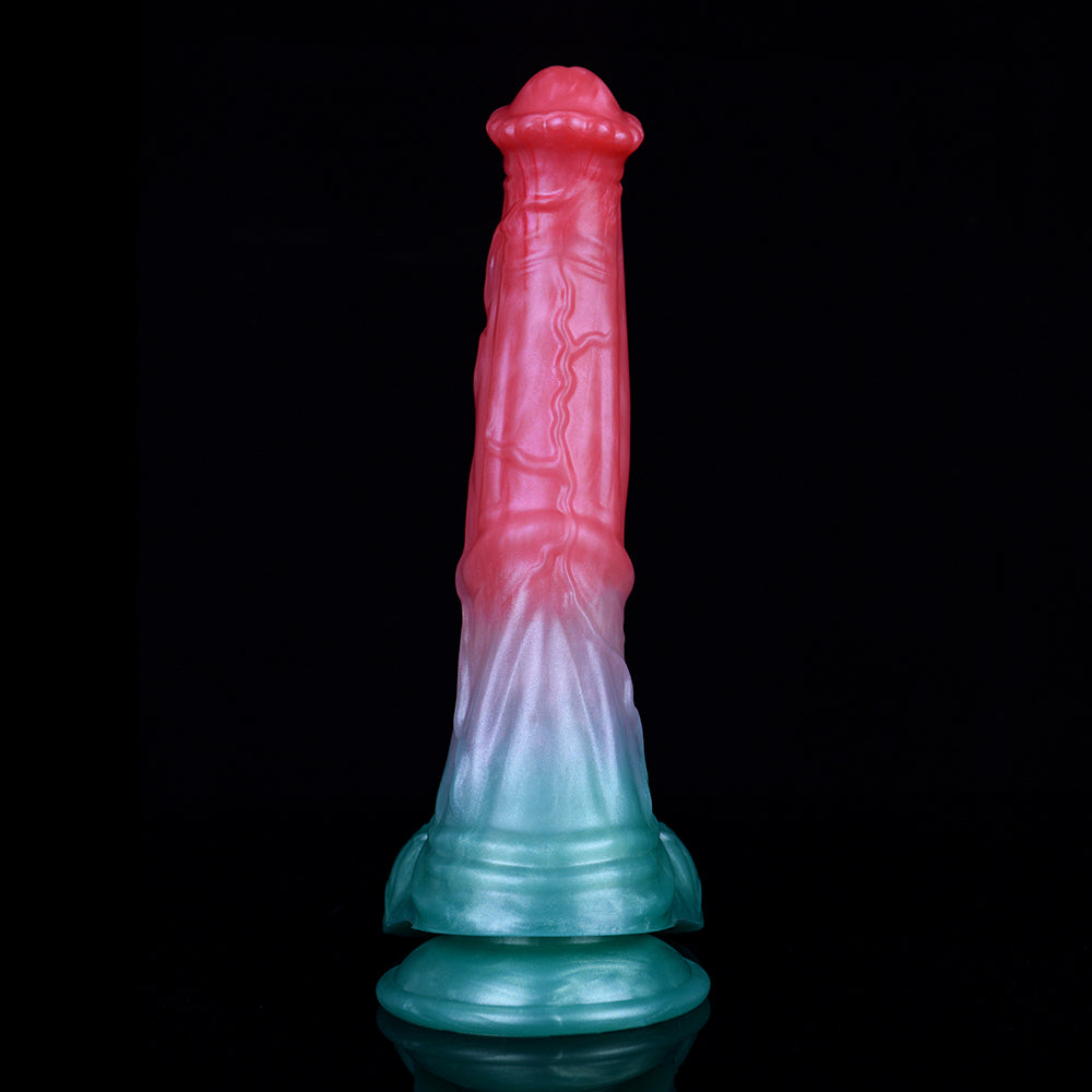 Fantasy pegasus dildo with flared blue base and pink stem, textured surface
