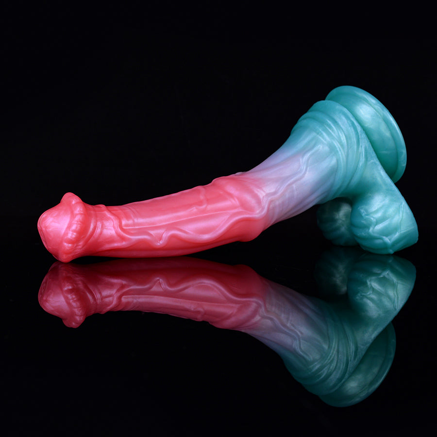 Pegasus-themed dildo, side view: pink body with turquoise hooves on reflective base.