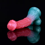 Large horse-cock dildo with rounded pink head and blue base, dual-tone glossy