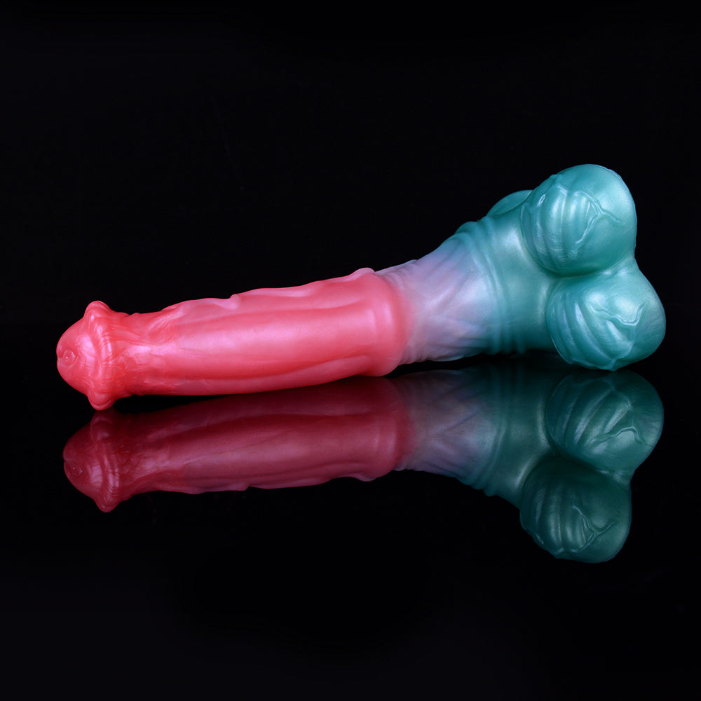 Horse-cock dildo side view, pink-to-blue gradient body with bulbous head