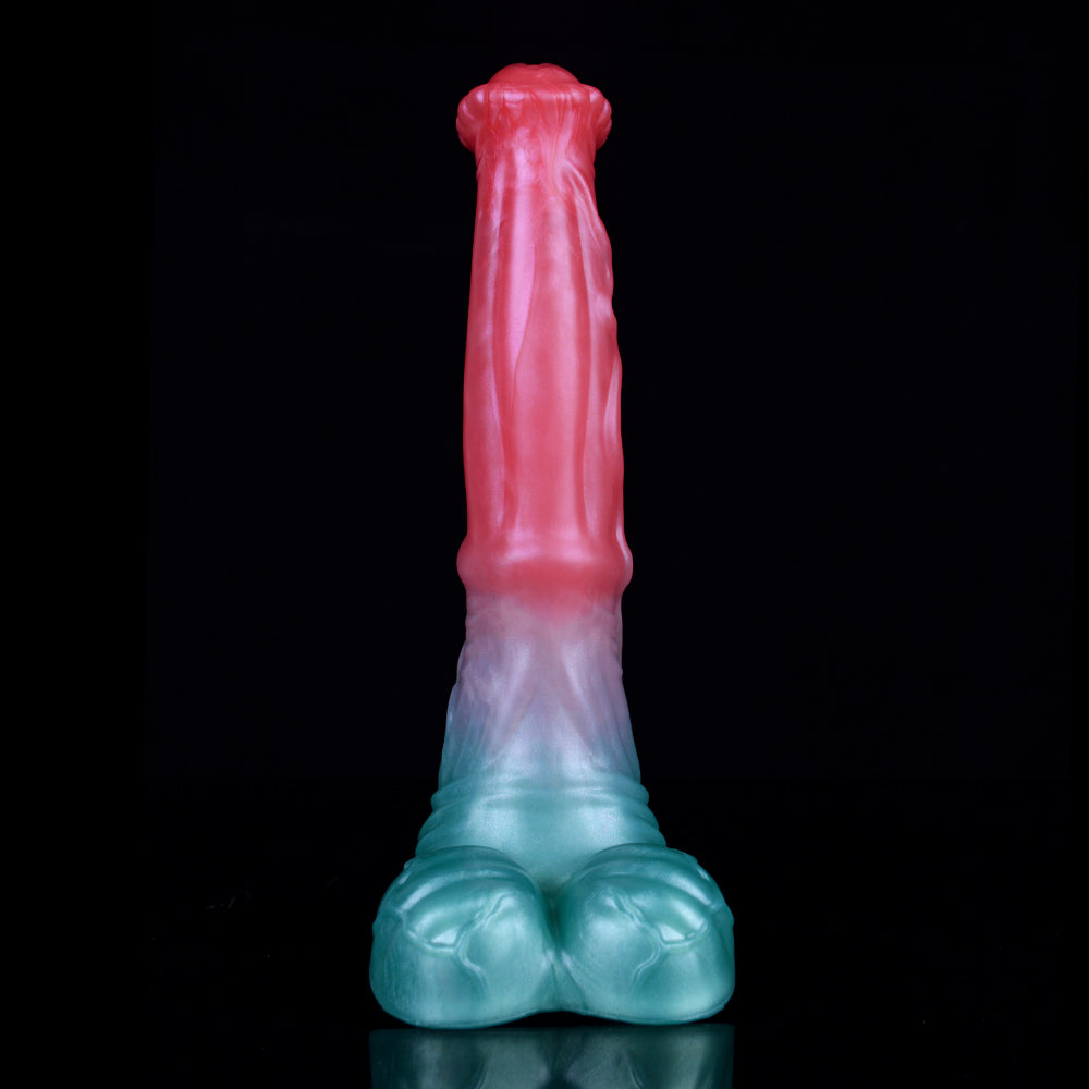 Horse-cock dildo front view, pink head and blue base on mirrored stand