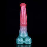 Horse-cock dildo front view, pink head and blue base on mirrored stand