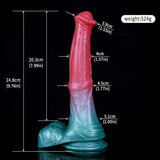 Horse dildo size diagram with pink shaft and blue base; weight 524 g shown