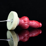 Red silicone dog-knot butt plug with flared cream base and white cord, angled view