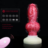 Red silicone dog-knot butt plug with cream base, white remote and vibration icons