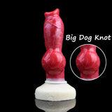 Standing red silicone dog-knot butt plug with cream base, dog-shaped form