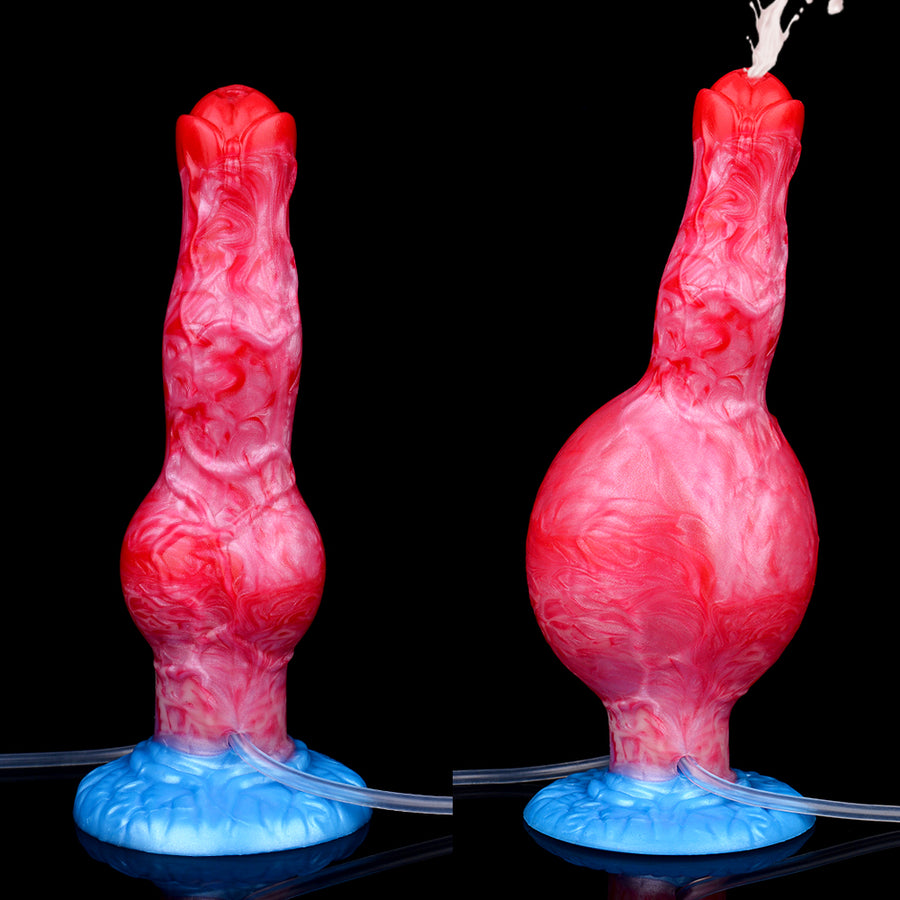 Inflatable fantasy dog toy with red translucent body and blue base, upright pose