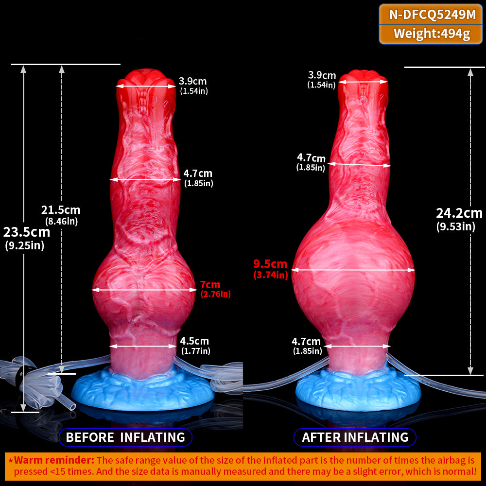 Size diagram of inflatable fantasy-beast dog toy: red body, blue base
