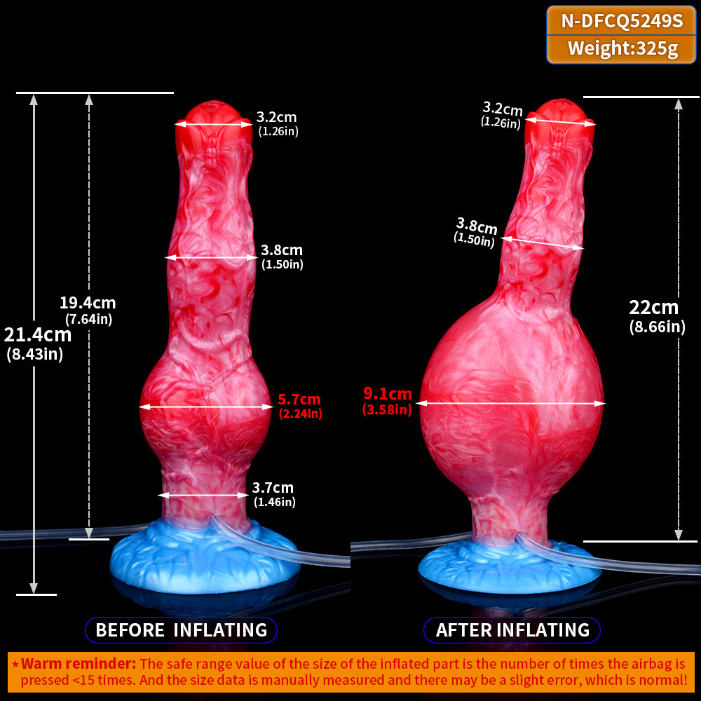 Dimension diagram of inflatable fantasy-beast dog toy: red body, blue base