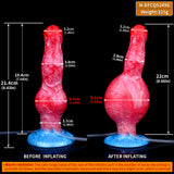 Dimension diagram of inflatable fantasy-beast dog toy: red body, blue base