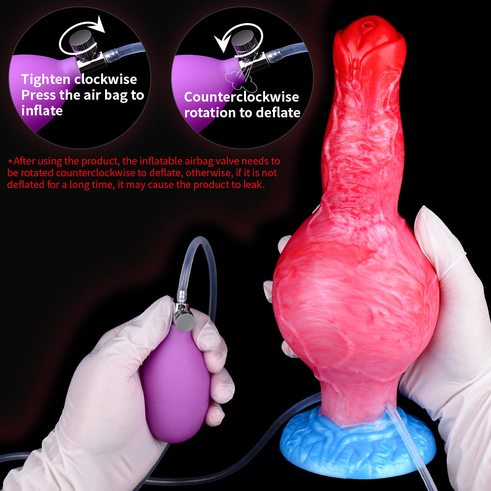 Inflatable fantasy-beast dog toy with valve and tubing, shown with gloved handling