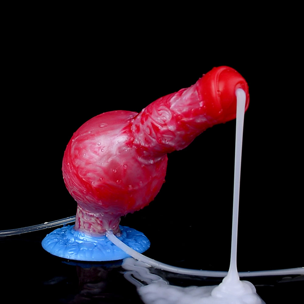Inflatable red dog dildo with fantasy beast shape and white air pump tube