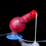 Inflatable red dog dildo with fantasy beast shape and white air pump tube
