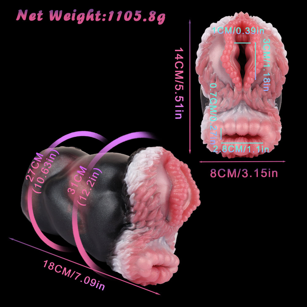 Size diagram for dual-hole pocket masturbator with 8 cm and 4 cm measurements