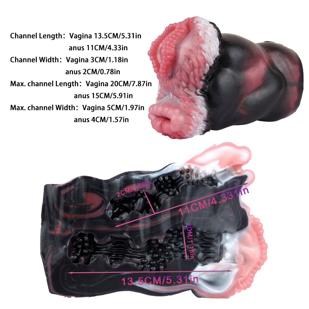 Cutaway diagram of dual-hole masturbator showing labeled vaginal and anus channels