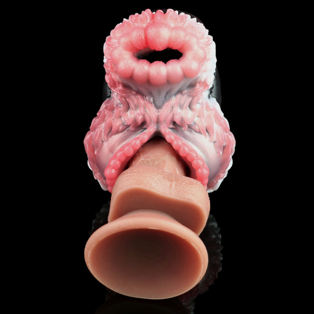 Front view dual-hole animal pocket masturbator with two raised pink/white openings