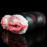 Curled dual-hole pocket masturbator with ribbed pink/white opening textures on dark body