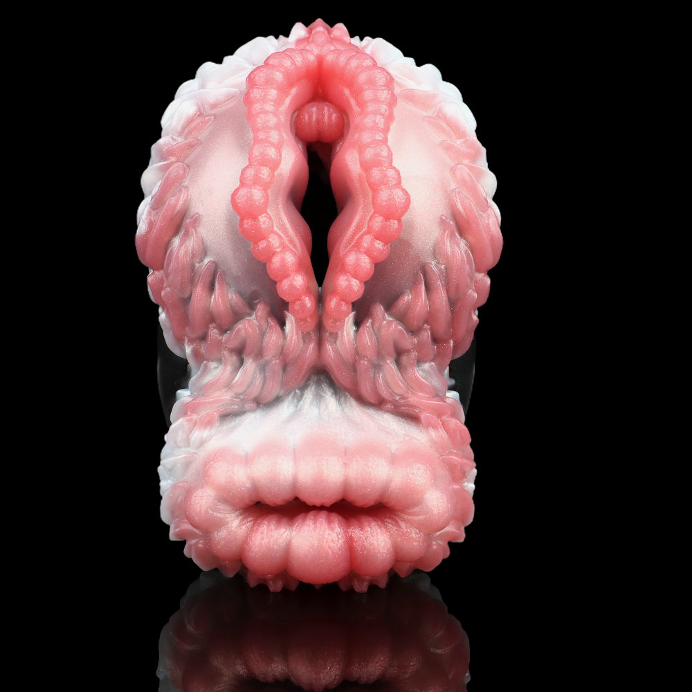 Back view dual-hole masturbator with looped central opening and pink/white texture