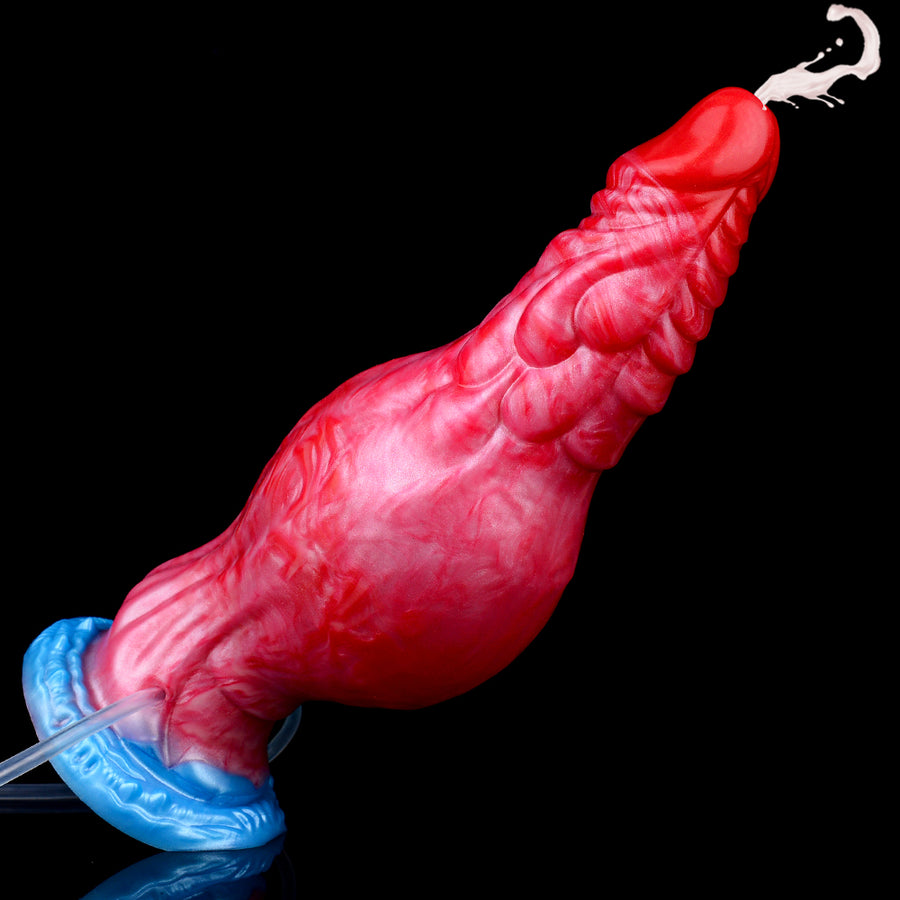 Inflatable dragon fantasy beast dildo, red-pink body with textured ridges and blue base.