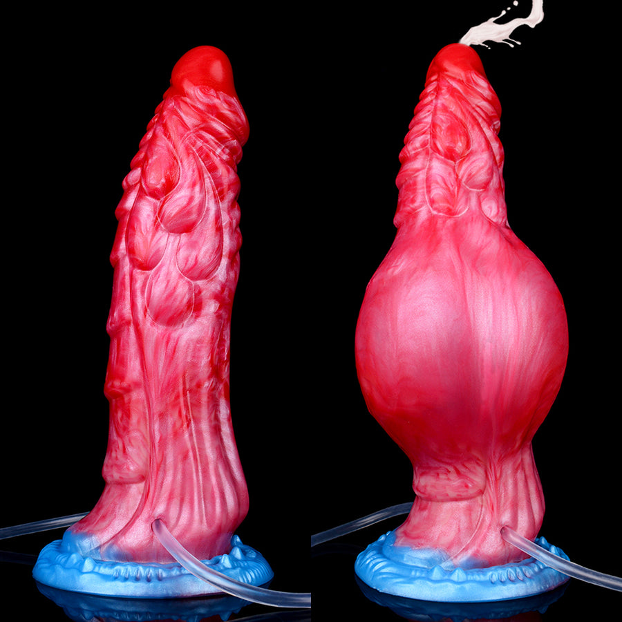 Inflatable dragon fantasy beast dildo shown in two angles, red-pink body with blue base.
