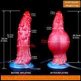 Maßgrafik: Inflated dragon dildo, Länge ca. 23–24 cm, blaues Fußteil sichtbar