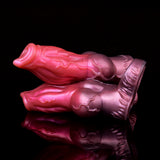 Pink-to-purple dog sheath sleeve with molded details, lying profile view