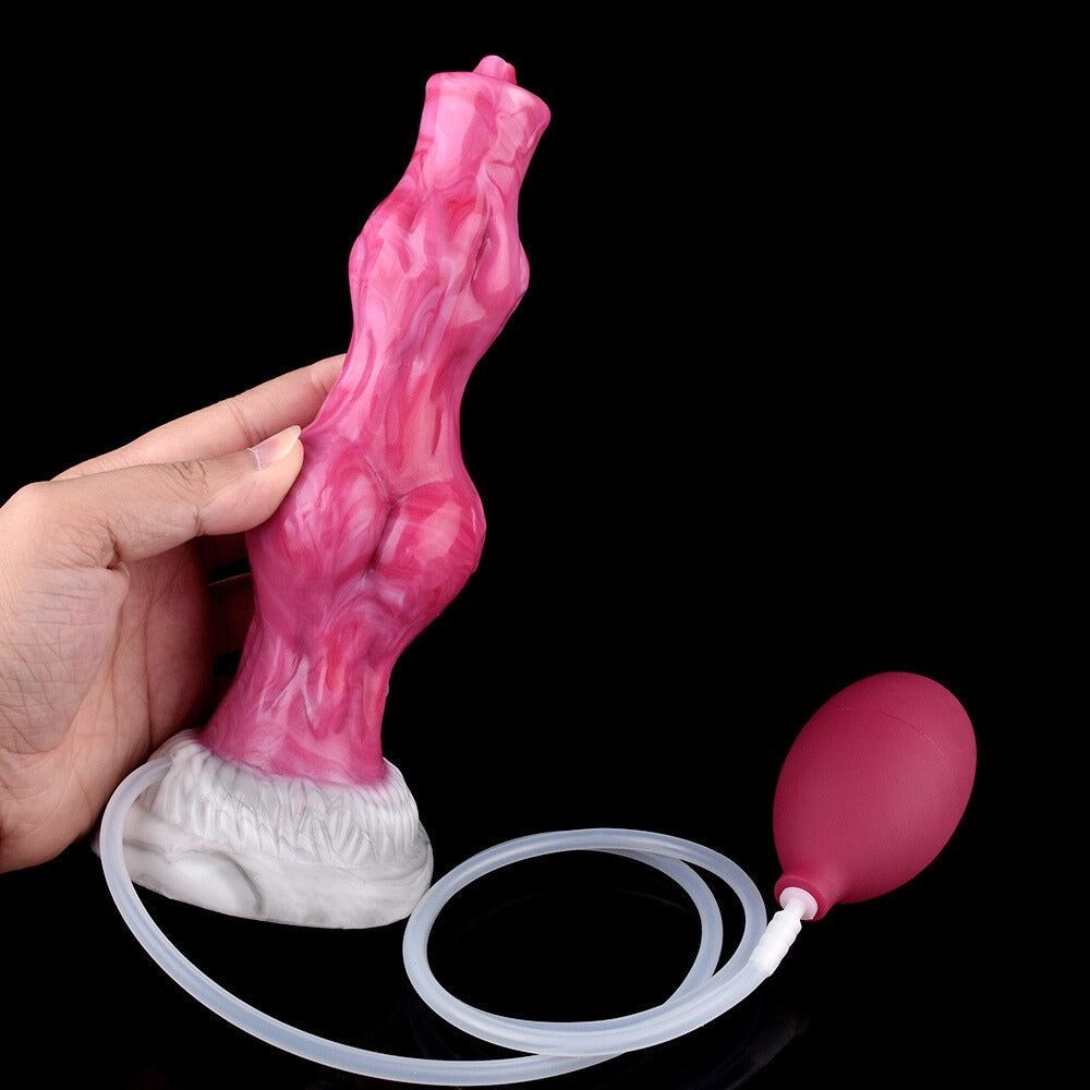 Knot dildo with white flared base and pink pump bulb, connected hose