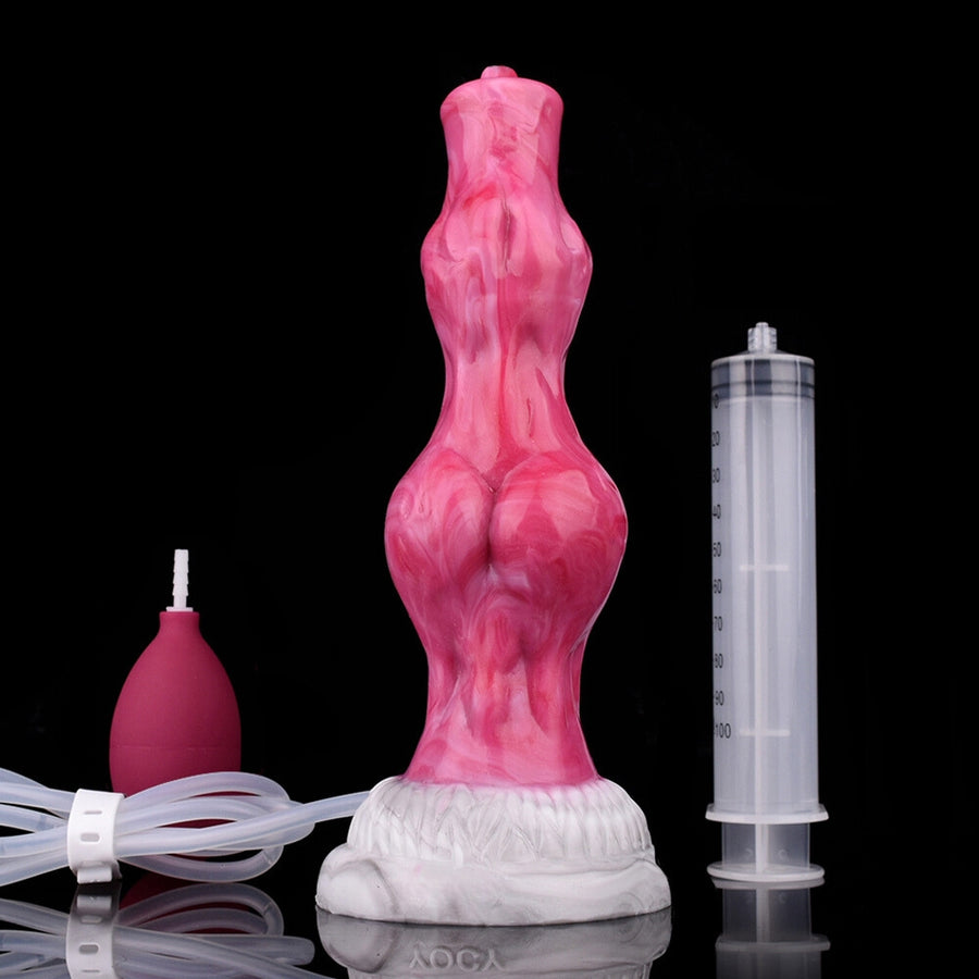 Pink translucent knot dildo with white base, control cable, and pump canister