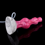 Pink translucent dildo with white flared base, side view and clear tube