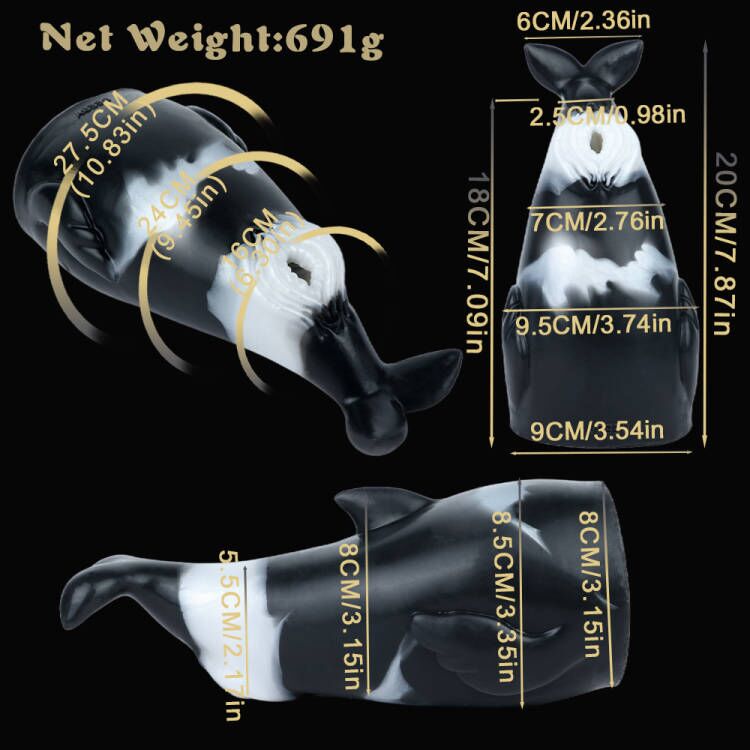 Killer Whale fleshlight size chart with net weight and length/width measurements