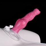 Pink knotted dog dildo with ridged texture and wide base, 8.6 in
