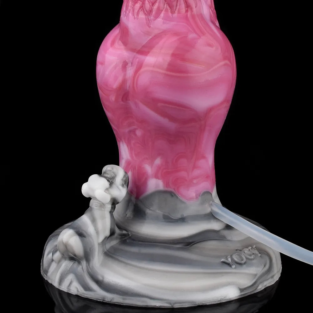 Pink knotted dog dildo with white dog base and clear tube