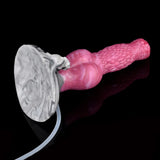 Pink dog dildo with white dog figure on clear base and attached tube