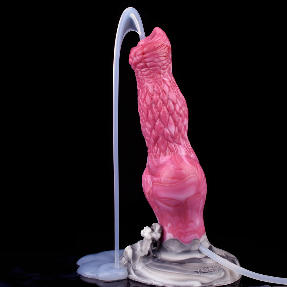 Pink textured dog dildo with knot, clear tube and suction base, tall side view