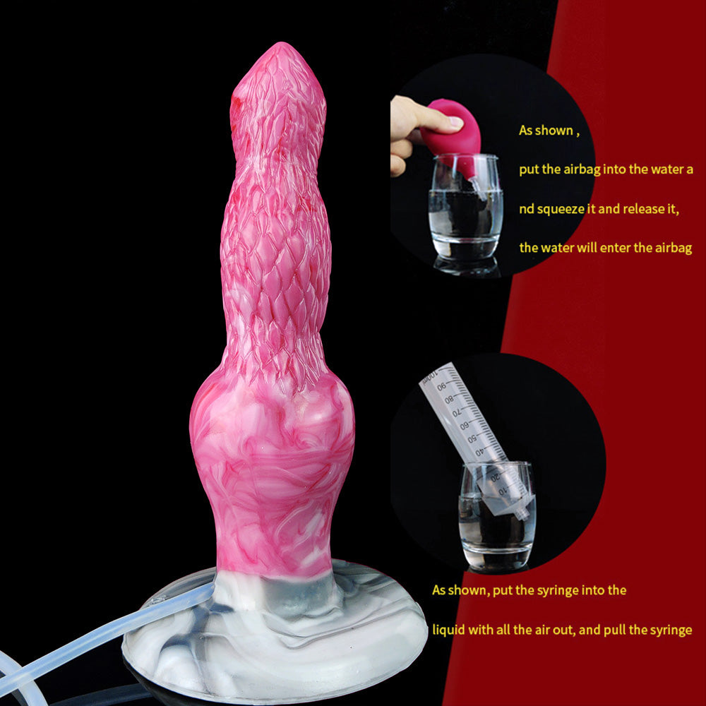 Pink dog dildo with water-and-syringe setup diagram