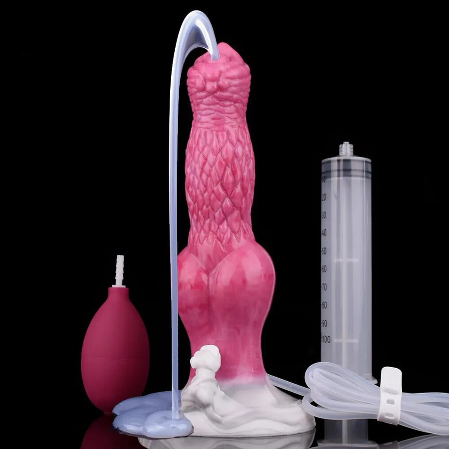 Pink dog-shaped dildo with upright clear tube, syringe, and bottle of liquid