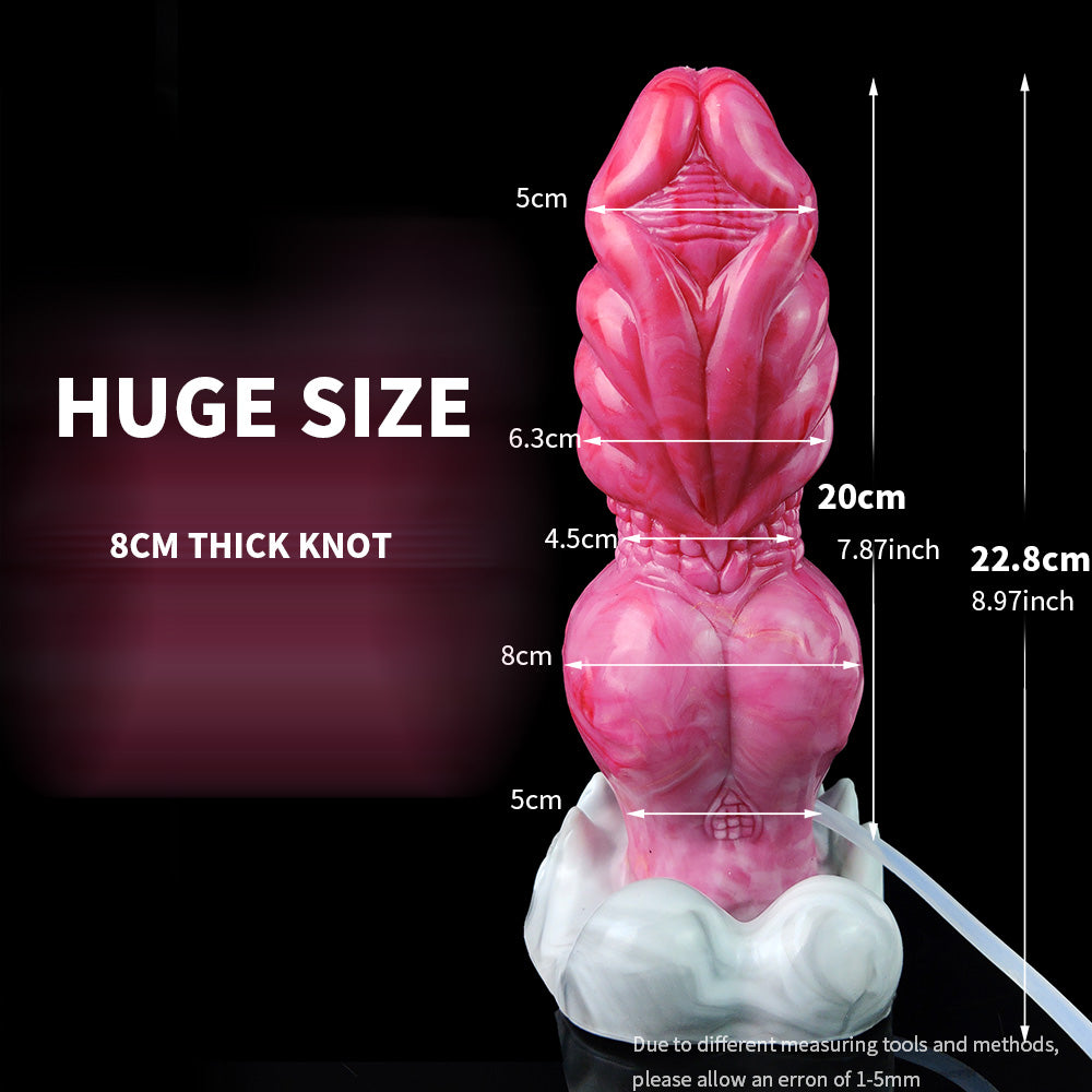 Fantasy-Dildo, rosafarben, mit heller Basis; Größenangaben und Schlauchanschluss sichtbar
