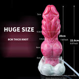 Fantasy-Dildo, rosafarben, mit heller Basis; Größenangaben und Schlauchanschluss sichtbar