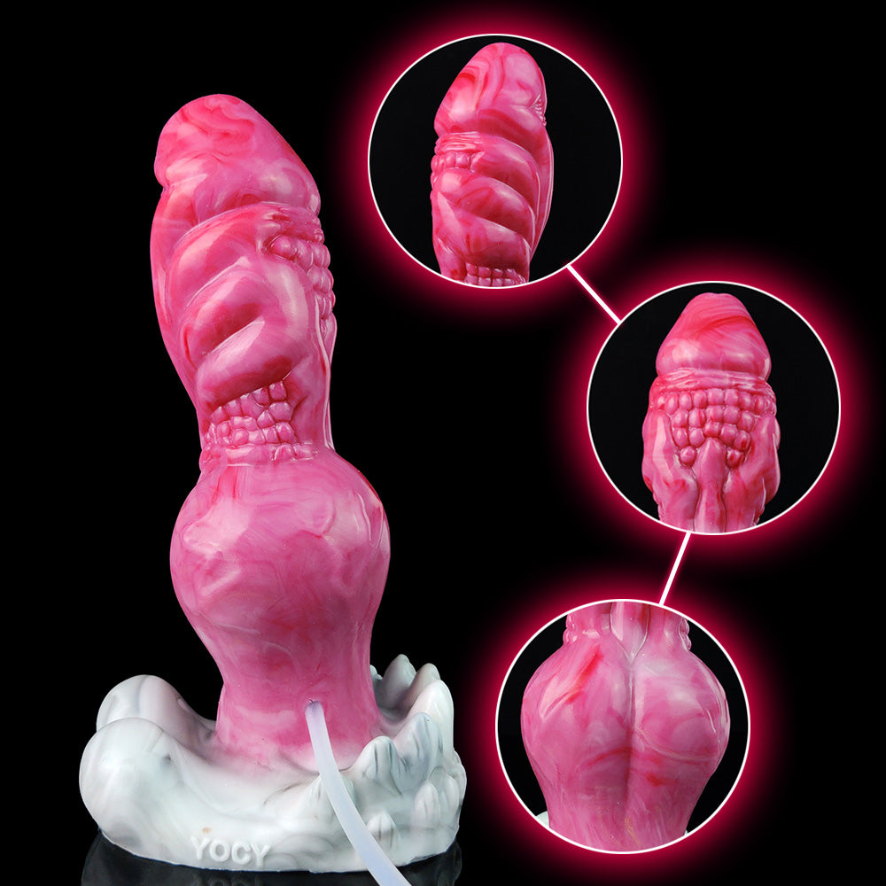Rosafarbener Fantasy-Dildo mit Detailansichten der Struktur und Textur, inkl. Schlauch