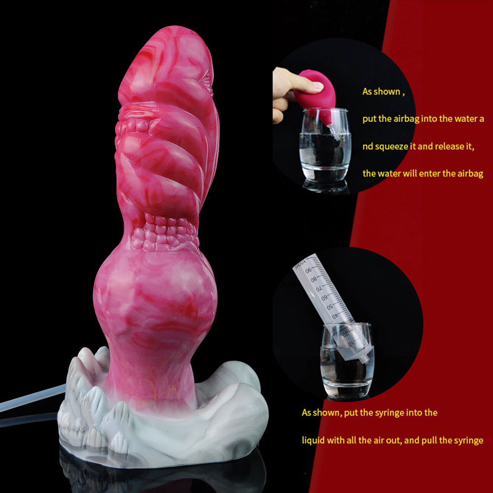 Pink knotted dildo with ridged torso; includes syringe parts in inset