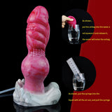 Pink knotted dildo with ridged torso; includes syringe parts in inset