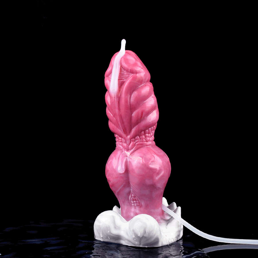 Pink textured adult suction-cup dildo with white base, upright view