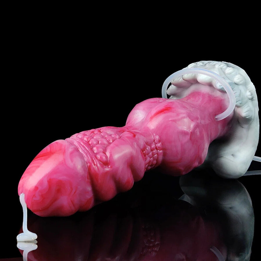 Pink adult dildo with white suction cup, side-lying position