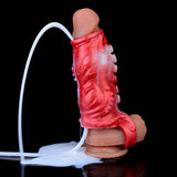 Side view of red tentacle penis sleeve with clear tubing and visible open tip